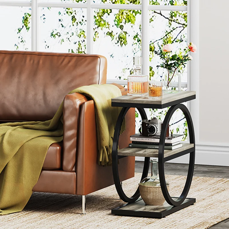 Contemporary Industrial MDF Carbon Steel Dual Ring Frame End Table 3-Tier Storage Shelves For Living Room