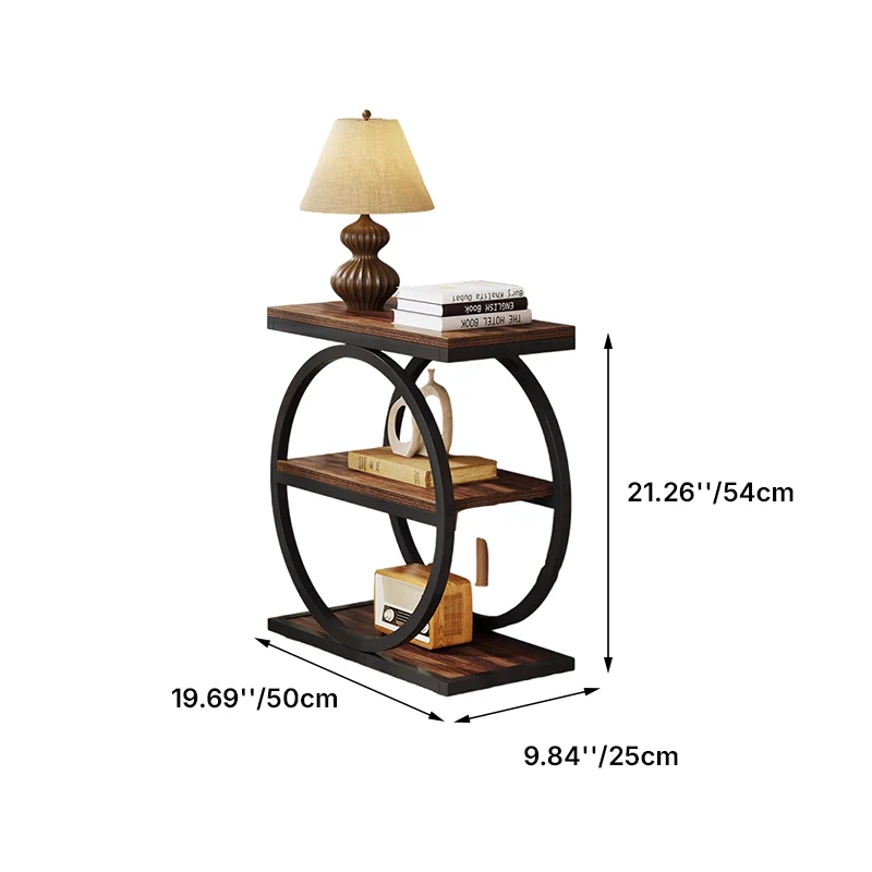 Contemporary Industrial MDF Carbon Steel Dual Ring Frame End Table 3-Tier Storage Shelves For Living Room