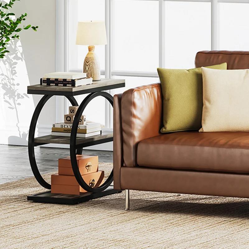 Contemporary Industrial MDF Carbon Steel Dual Ring Frame End Table 3-Tier Storage Shelves For Living Room