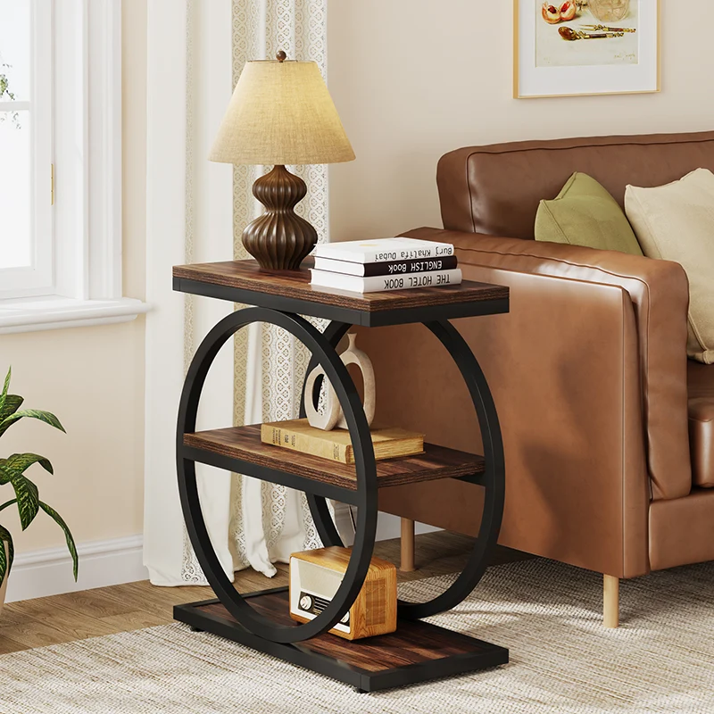 Contemporary Industrial MDF Carbon Steel Dual Ring Frame End Table 3-Tier Storage Shelves For Living Room
