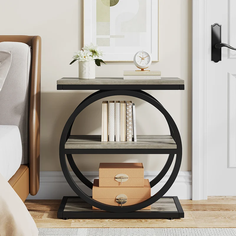 Contemporary Industrial MDF Carbon Steel Dual Ring Frame End Table 3-Tier Storage Shelves For Living Room