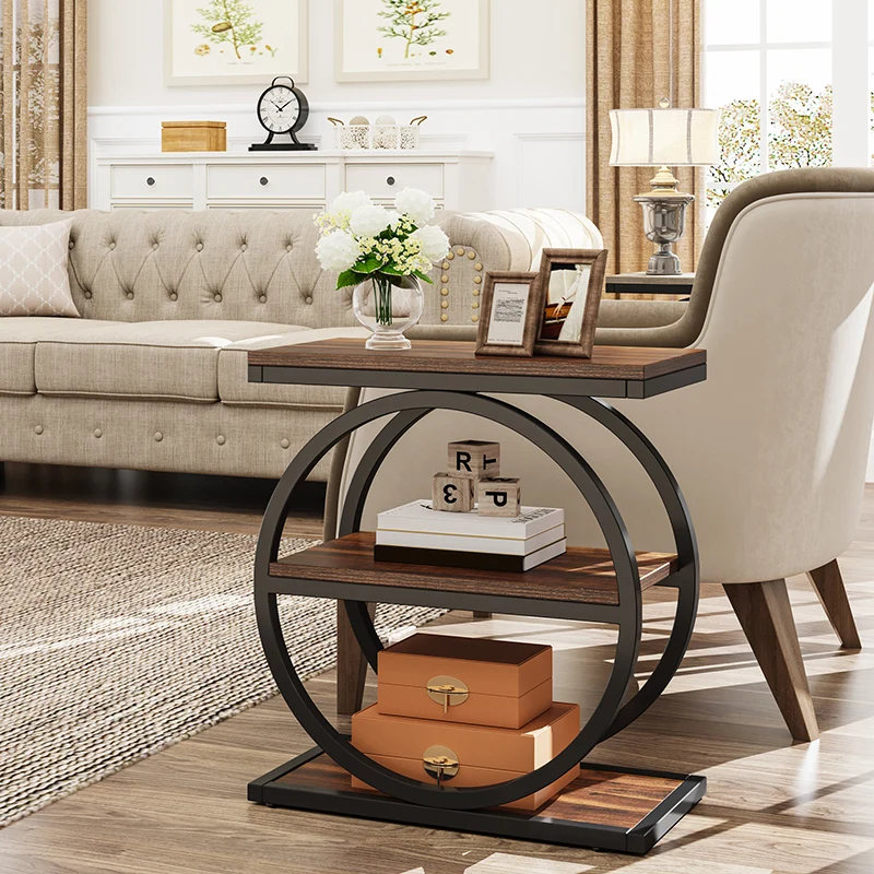 Contemporary Industrial MDF Carbon Steel Dual Ring Frame End Table 3-Tier Storage Shelves For Living Room