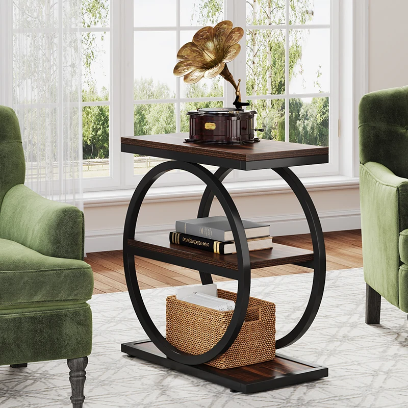 Contemporary Industrial MDF Carbon Steel Dual Ring Frame End Table 3-Tier Storage Shelves For Living Room