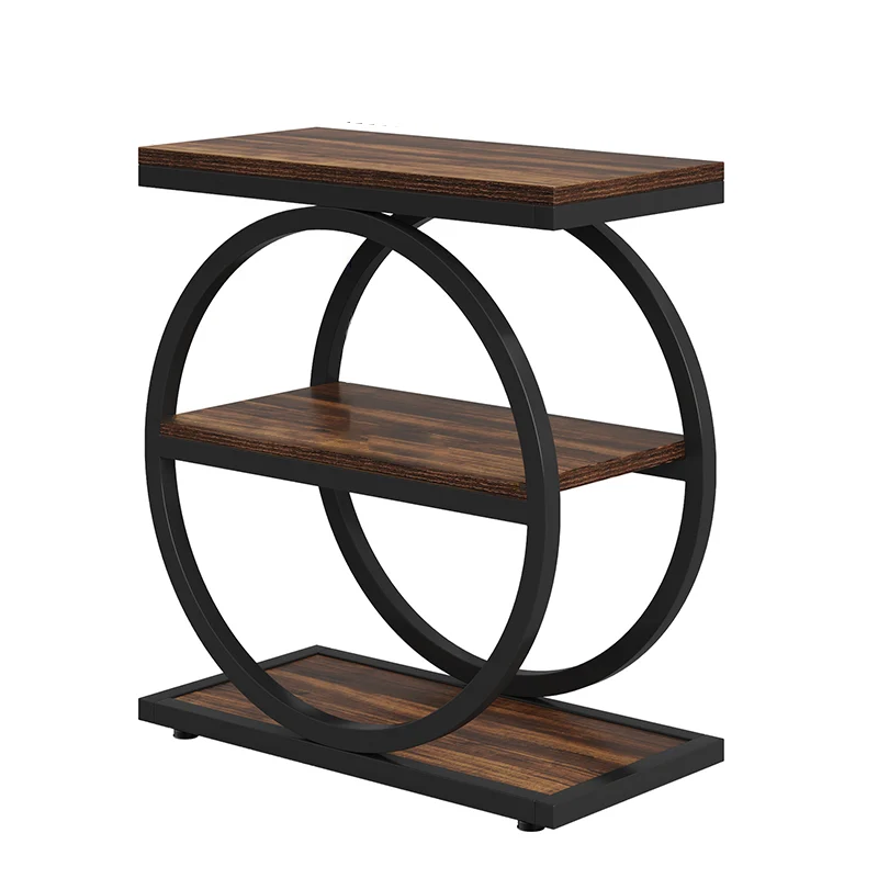 Contemporary Industrial MDF Carbon Steel Dual Ring Frame End Table 3-Tier Storage Shelves For Living Room