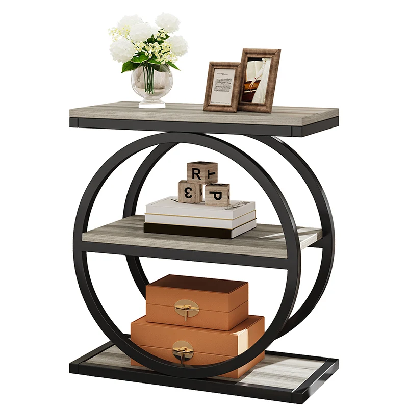 Contemporary Industrial MDF Carbon Steel Dual Ring Frame End Table 3-Tier Storage Shelves For Living Room