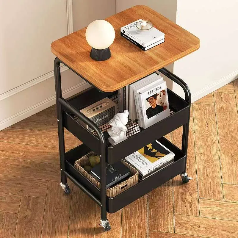 Modern Minimalist Iron Wood Mobile Basket Shelf Rack 3-Tier Side Table For Living Room