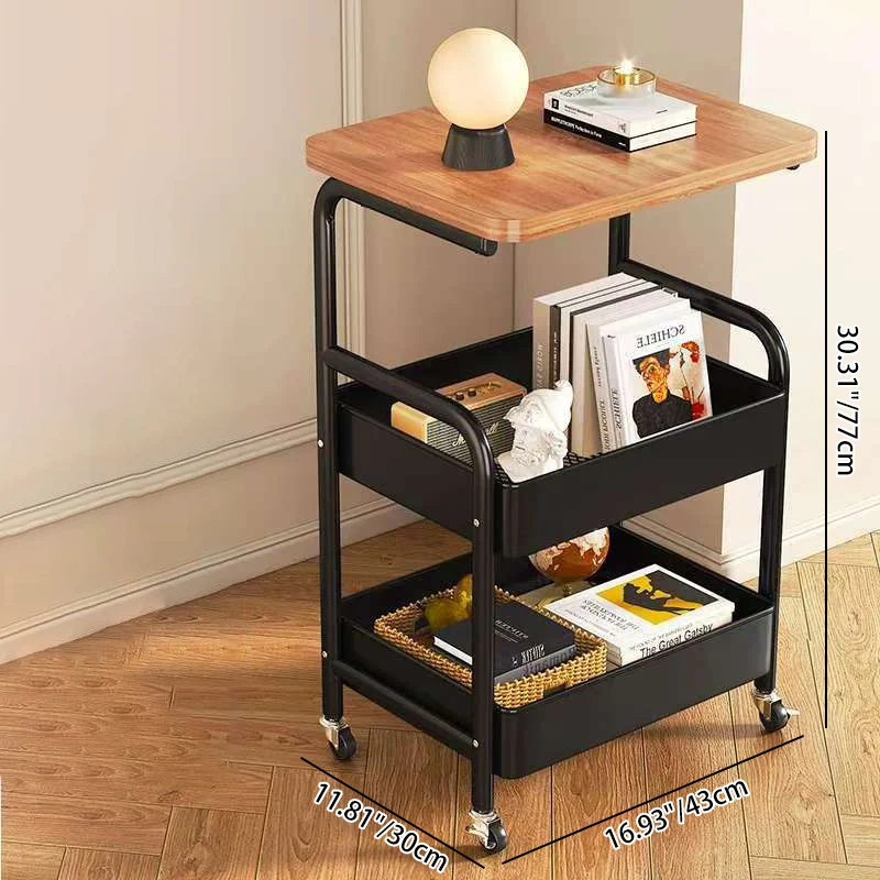 Modern Minimalist Iron Wood Mobile Basket Shelf Rack 3-Tier Side Table For Living Room