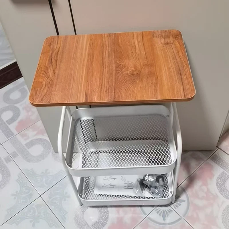 Modern Minimalist Iron Wood Mobile Basket Shelf Rack 3-Tier Side Table For Living Room
