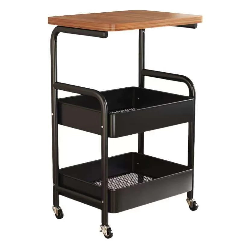 Modern Minimalist Iron Wood Mobile Basket Shelf Rack 3-Tier Side Table For Living Room