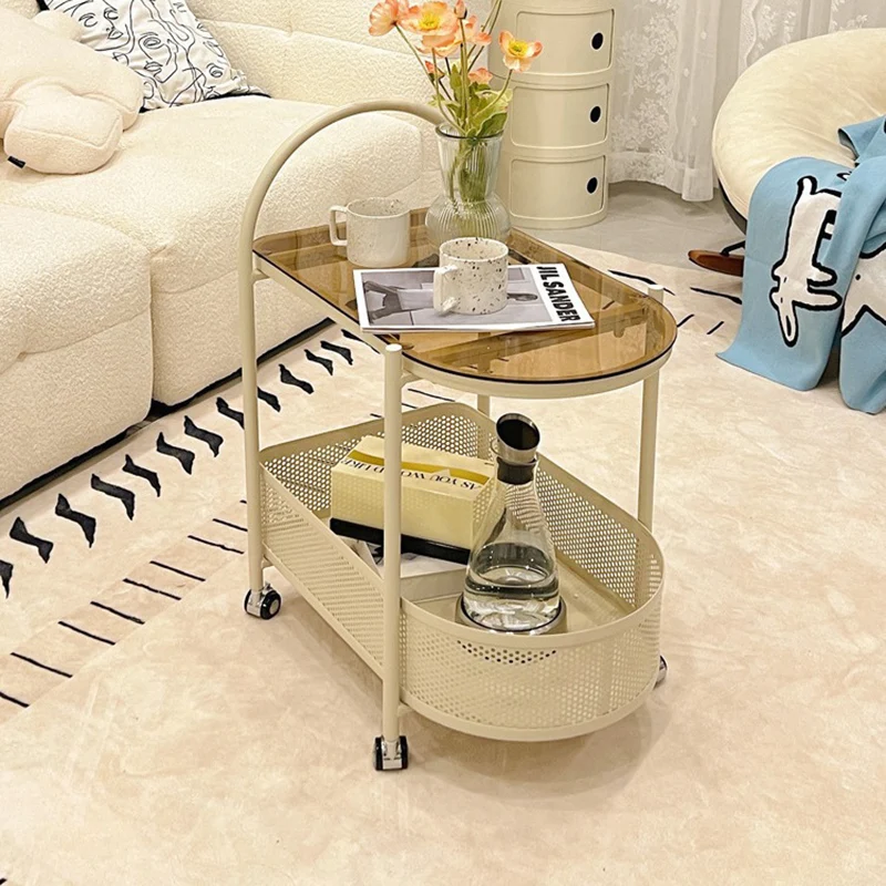 Contemporary Scandinavian Glass Iron Arched Mobile Side Table With 2-Tier For Living Room