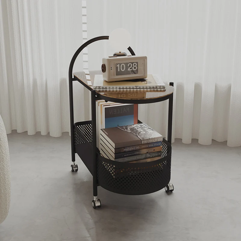 Contemporary Scandinavian Glass Iron Arched Mobile Side Table With 2-Tier For Living Room