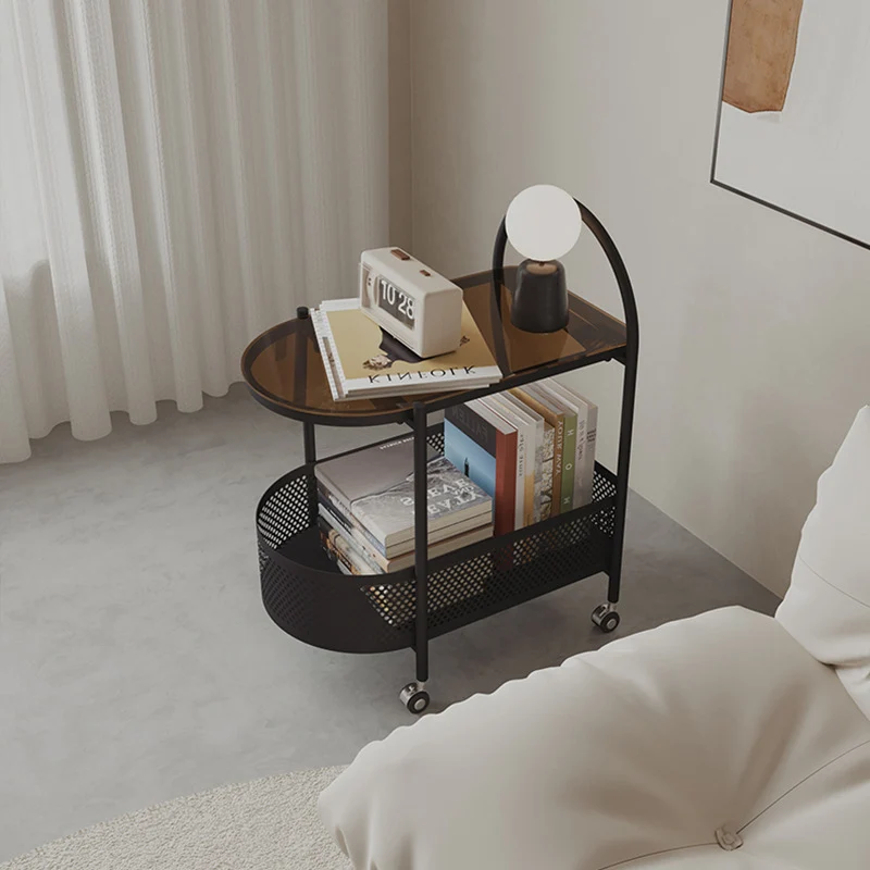 Contemporary Scandinavian Glass Iron Arched Mobile Side Table With 2-Tier For Living Room