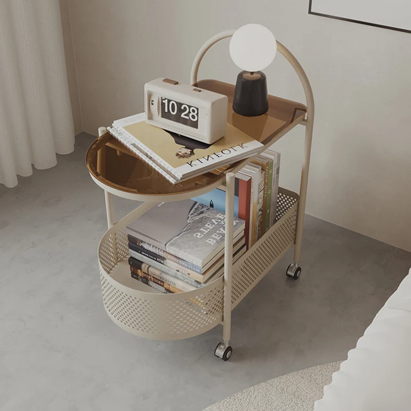 Contemporary Scandinavian Glass Iron Arched Mobile Side Table With 2-Tier For Living Room