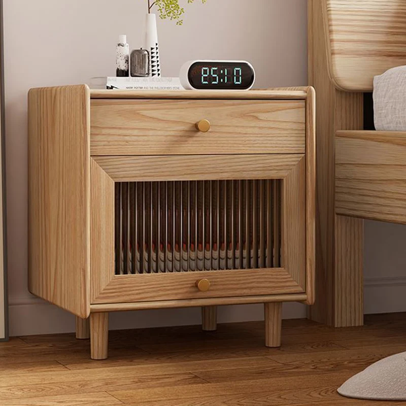 Traditional Japanese Ash Wood Plywood Glass Brass Textured Square Nightstand 2-Drawer For Bedroom