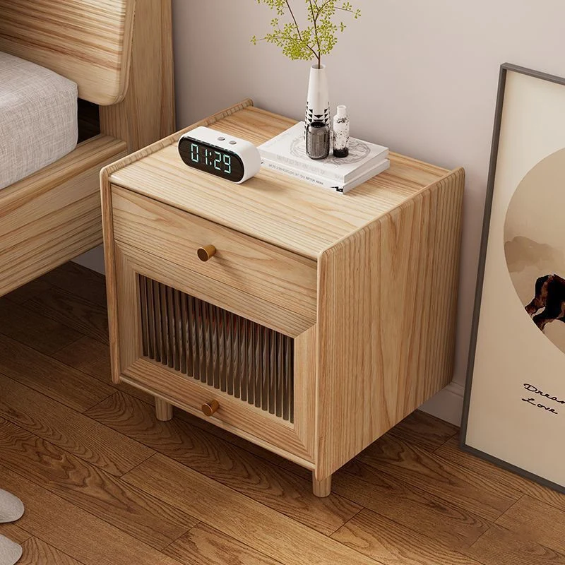 Traditional Japanese Ash Wood Plywood Glass Brass Textured Square Nightstand 2-Drawer For Bedroom