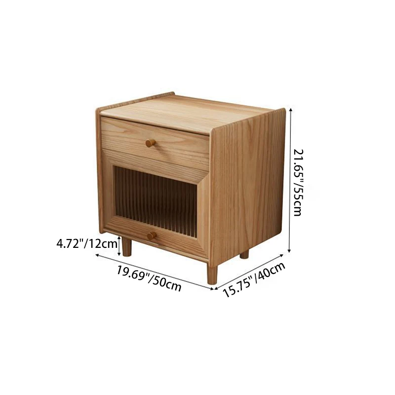 Traditional Japanese Ash Wood Plywood Glass Brass Textured Square Nightstand 2-Drawer For Bedroom