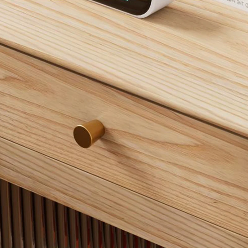 Traditional Japanese Ash Wood Plywood Glass Brass Textured Square Nightstand 2-Drawer For Bedroom