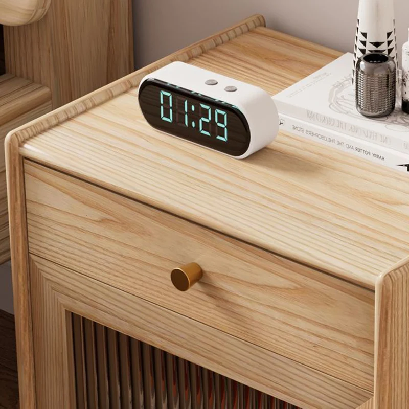Traditional Japanese Ash Wood Plywood Glass Brass Textured Square Nightstand 2-Drawer For Bedroom