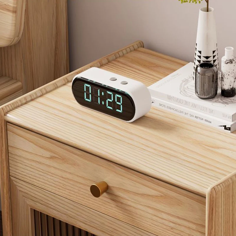 Traditional Japanese Ash Wood Plywood Glass Brass Textured Square Nightstand 2-Drawer For Bedroom