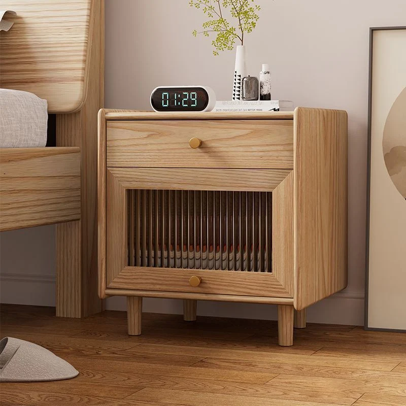 Traditional Japanese Ash Wood Plywood Glass Brass Textured Square Nightstand 2-Drawer For Bedroom