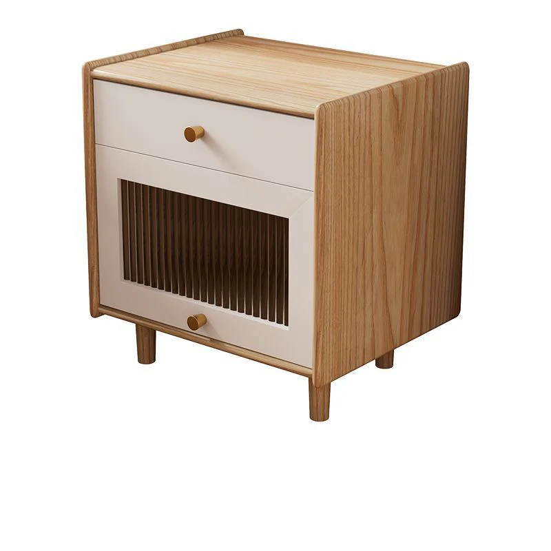 Traditional Japanese Ash Wood Plywood Glass Brass Textured Square Nightstand 2-Drawer For Bedroom