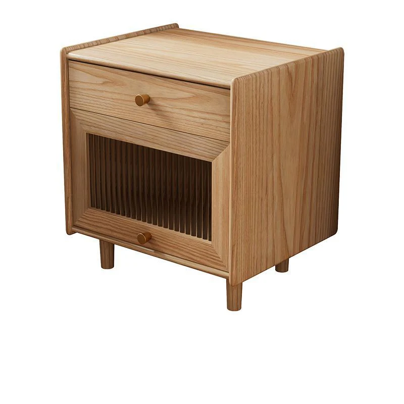 Traditional Japanese Ash Wood Plywood Glass Brass Textured Square Nightstand 2-Drawer For Bedroom
