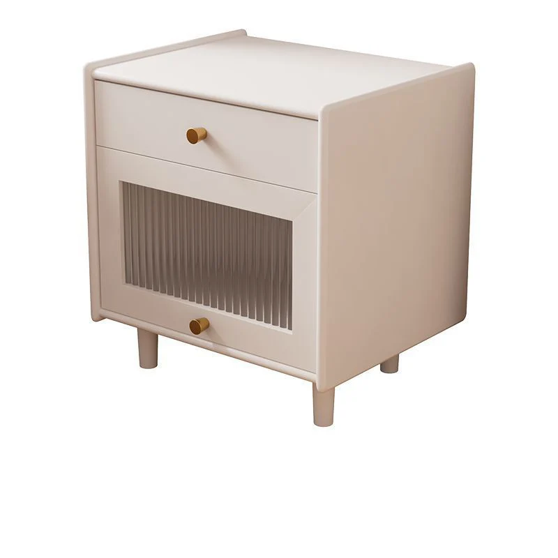 Traditional Japanese Ash Wood Plywood Glass Brass Textured Square Nightstand 2-Drawer For Bedroom