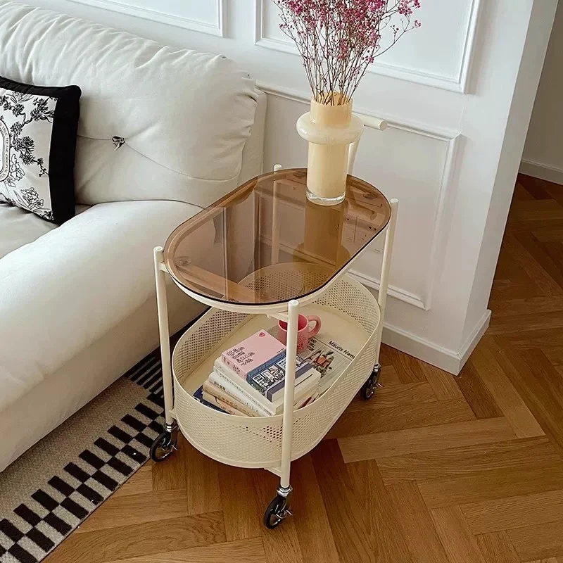 Modern Minimalist Tempered Glass Metal Oval Mobile End Table 2-Tier For Living Room