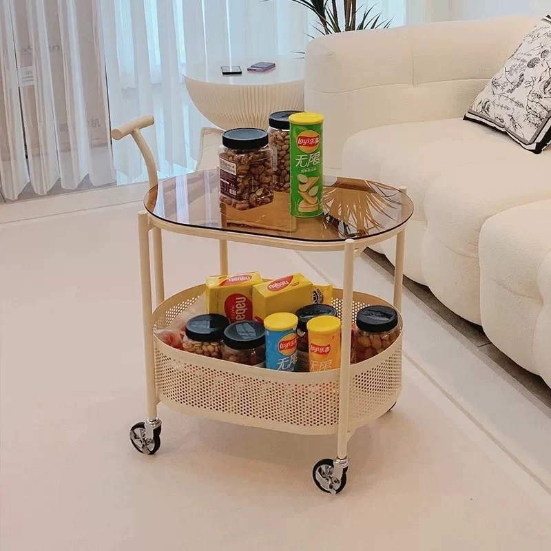 Modern Minimalist Tempered Glass Metal Oval Mobile End Table 2-Tier For Living Room