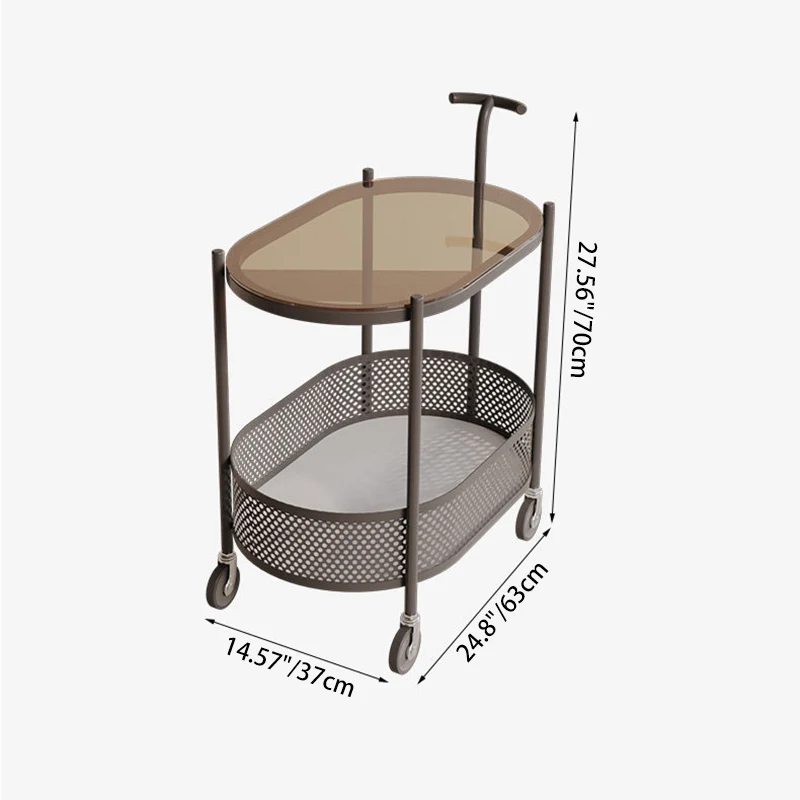 Modern Minimalist Tempered Glass Metal Oval Mobile End Table 2-Tier For Living Room