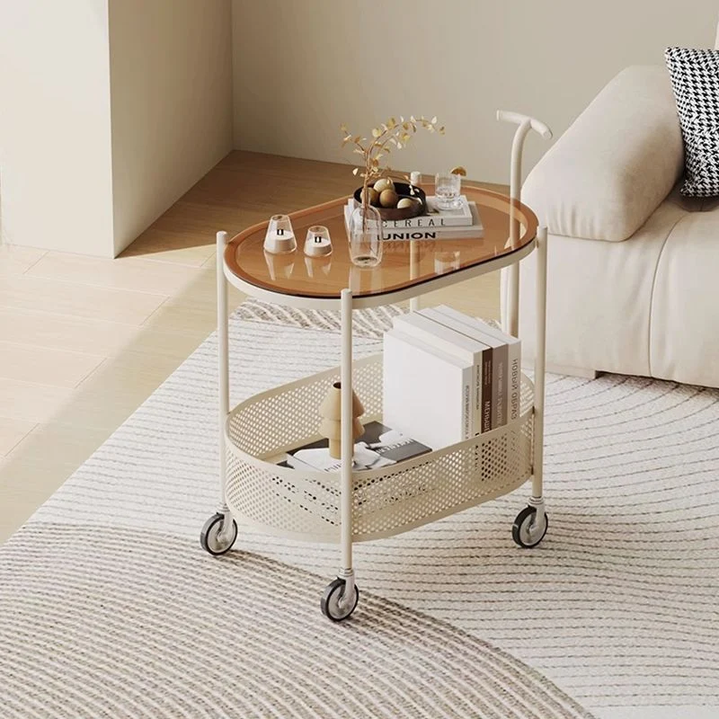 Modern Minimalist Tempered Glass Metal Oval Mobile End Table 2-Tier For Living Room