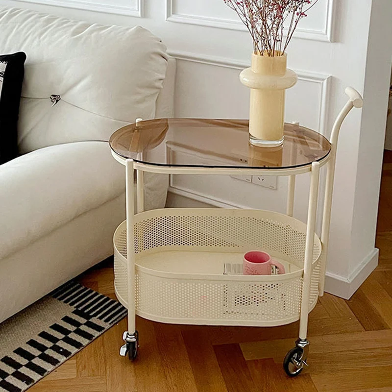 Modern Minimalist Tempered Glass Metal Oval Mobile End Table 2-Tier For Living Room