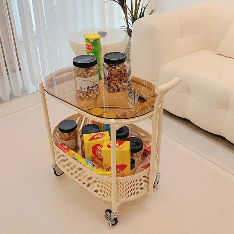 Modern Minimalist Tempered Glass Metal Oval Mobile End Table 2-Tier For Living Room