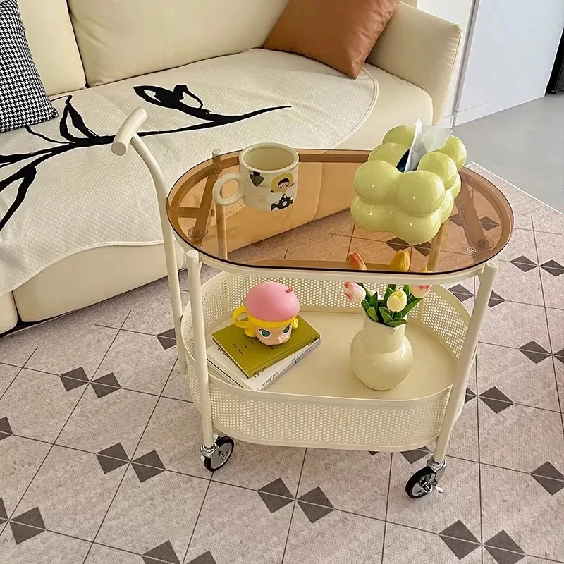 Modern Minimalist Tempered Glass Metal Oval Mobile End Table 2-Tier For Living Room