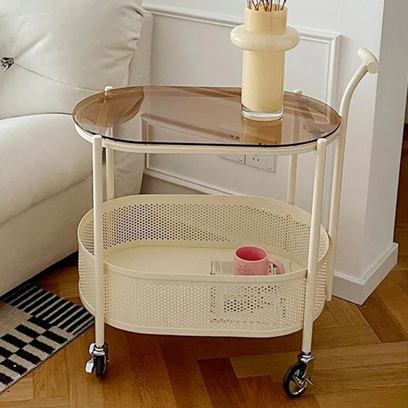 Modern Minimalist Tempered Glass Metal Oval Mobile End Table 2-Tier For Living Room