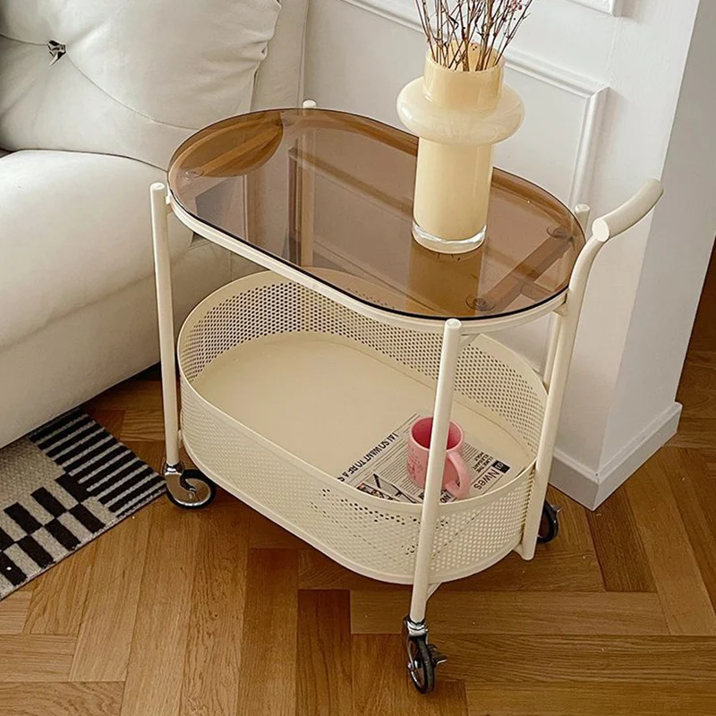 Modern Minimalist Tempered Glass Metal Oval Mobile End Table 2-Tier For Living Room