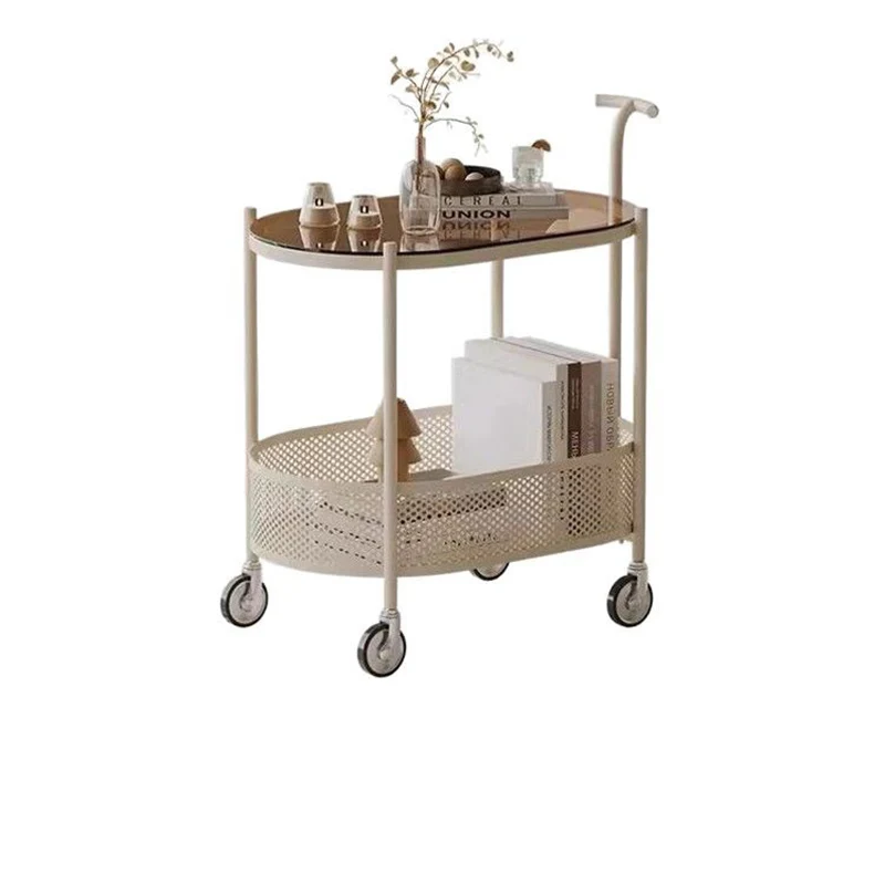 Modern Minimalist Tempered Glass Metal Oval Mobile End Table 2-Tier For Living Room