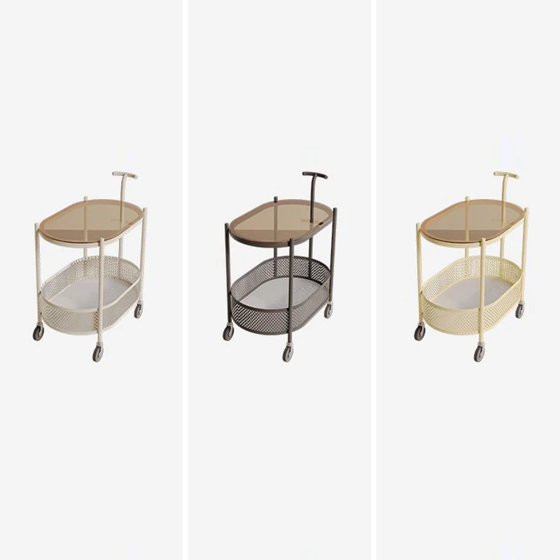 Modern Minimalist Tempered Glass Metal Oval Mobile End Table 2-Tier For Living Room
