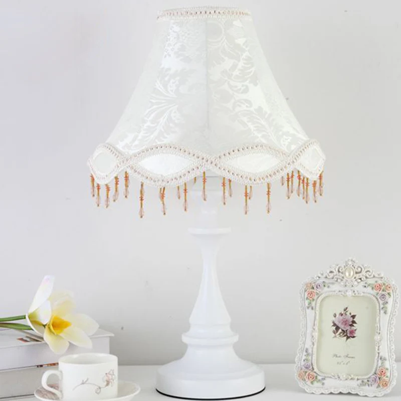 Modern Shabby Chic Flower Pattern Lace Fabric Tassel Round Shade 1-Light Table Lamp For Bedroom
