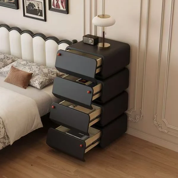 Traditional French Faux Leather Pine Wood Metal Square Nightstand With 4-Drawers For Bedroom