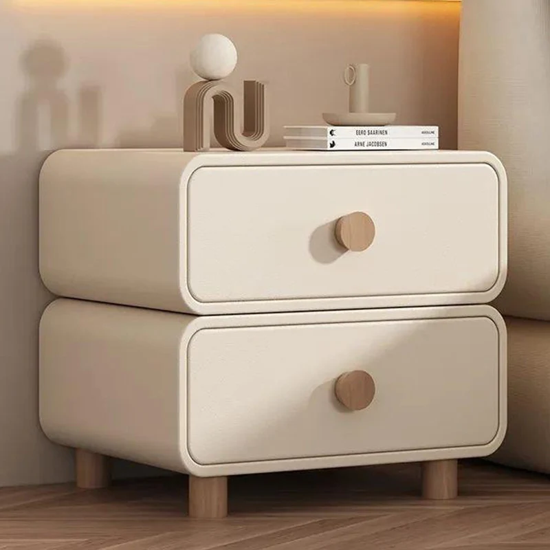 Modern Minimalist Microfiber Leather Plywood MDF Rounded Nightstand With 2-Drawers For Bedroom