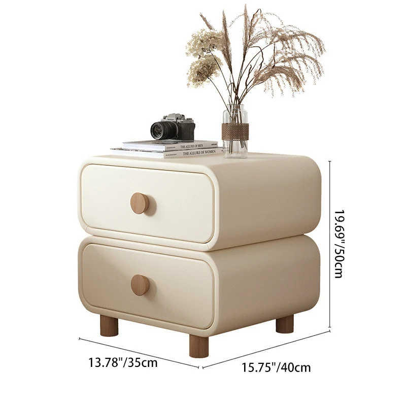 Modern Minimalist Microfiber Leather Plywood MDF Rounded Nightstand With 2-Drawers For Bedroom