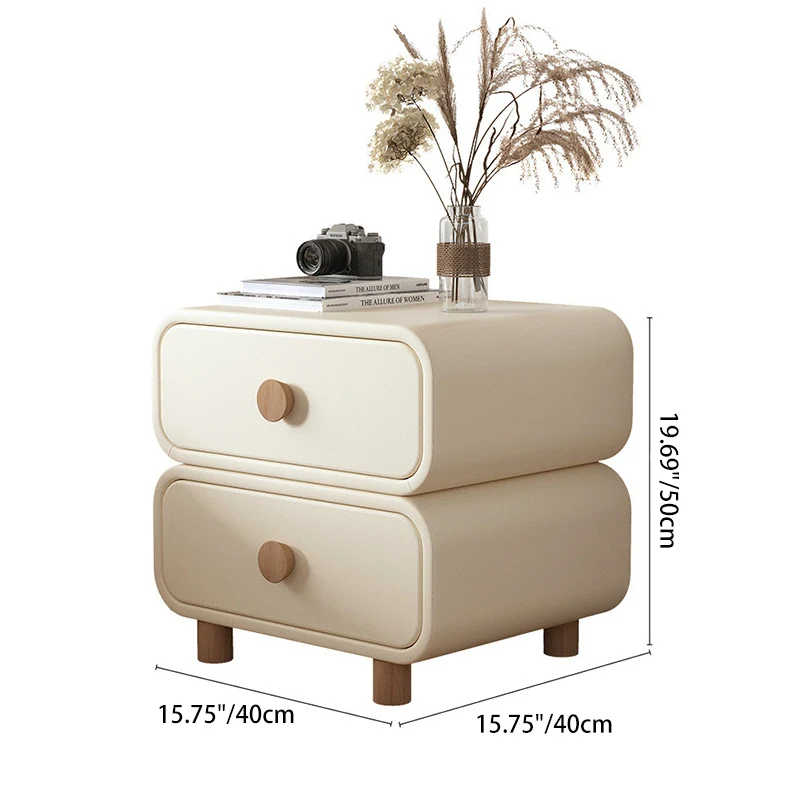 Modern Minimalist Microfiber Leather Plywood MDF Rounded Nightstand With 2-Drawers For Bedroom