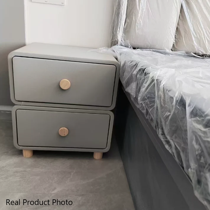 Modern Minimalist Microfiber Leather Plywood MDF Rounded Nightstand With 2-Drawers For Bedroom