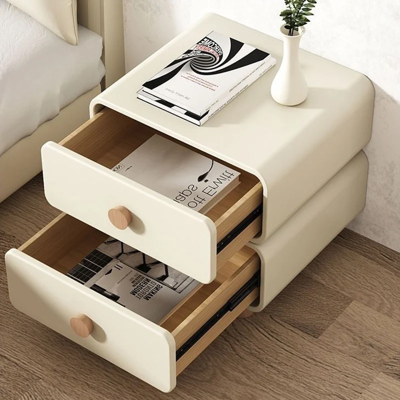 Modern Minimalist Microfiber Leather Plywood MDF Rounded Nightstand With 2-Drawers For Bedroom