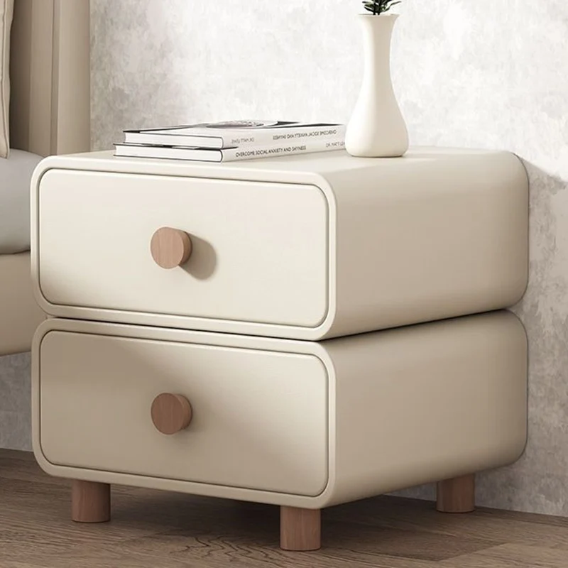 Modern Minimalist Microfiber Leather Plywood MDF Rounded Nightstand With 2-Drawers For Bedroom