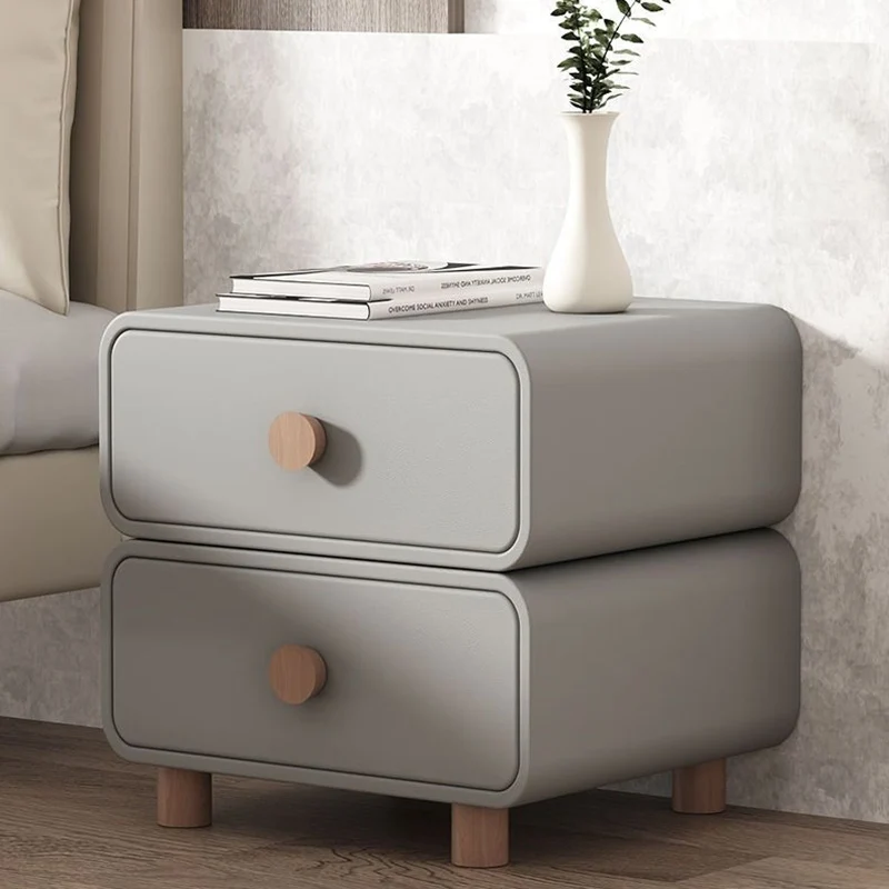 Modern Minimalist Microfiber Leather Plywood MDF Rounded Nightstand With 2-Drawers For Bedroom