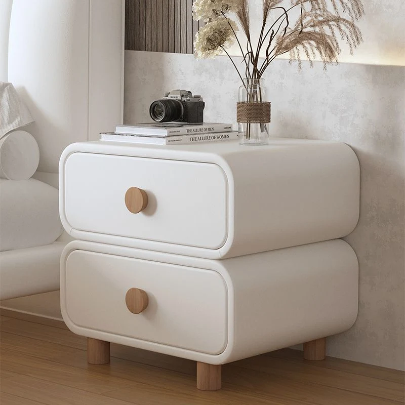 Modern Minimalist Microfiber Leather Plywood MDF Rounded Nightstand With 2-Drawers For Bedroom