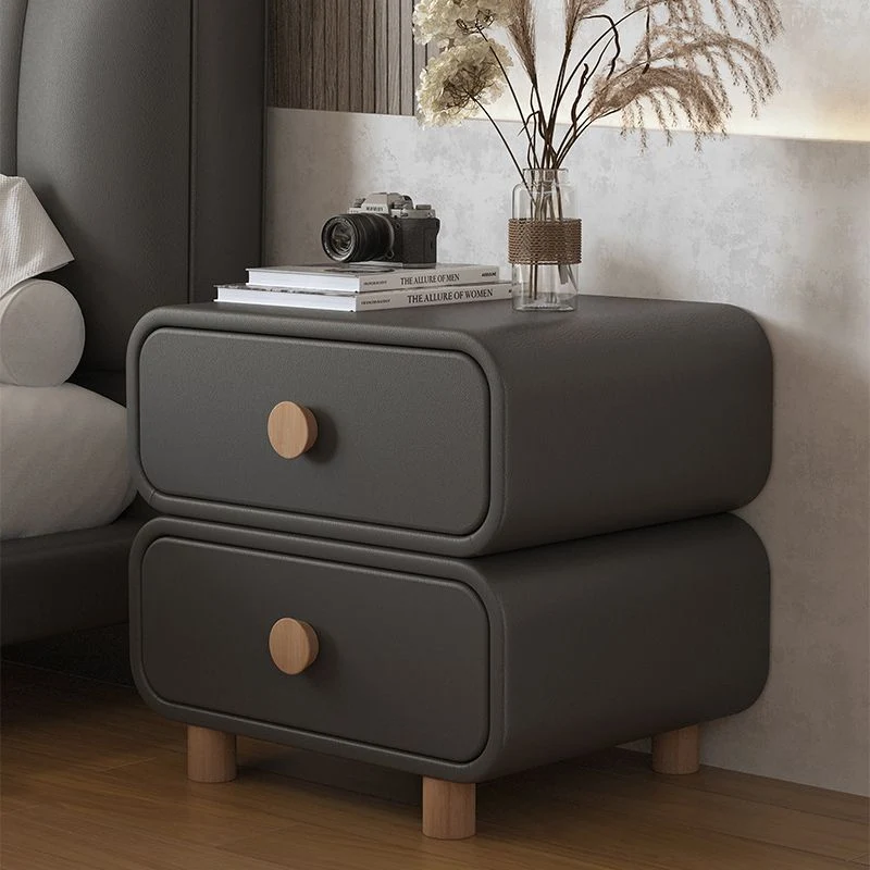 Modern Minimalist Microfiber Leather Plywood MDF Rounded Nightstand With 2-Drawers For Bedroom