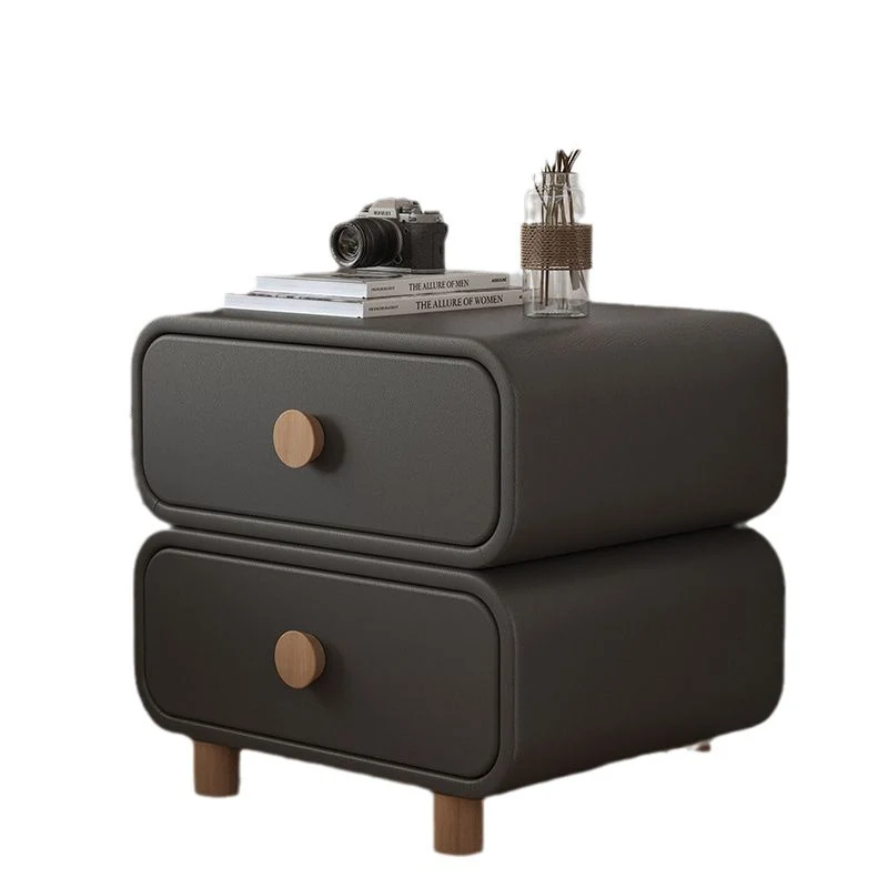 Modern Minimalist Microfiber Leather Plywood MDF Rounded Nightstand With 2-Drawers For Bedroom